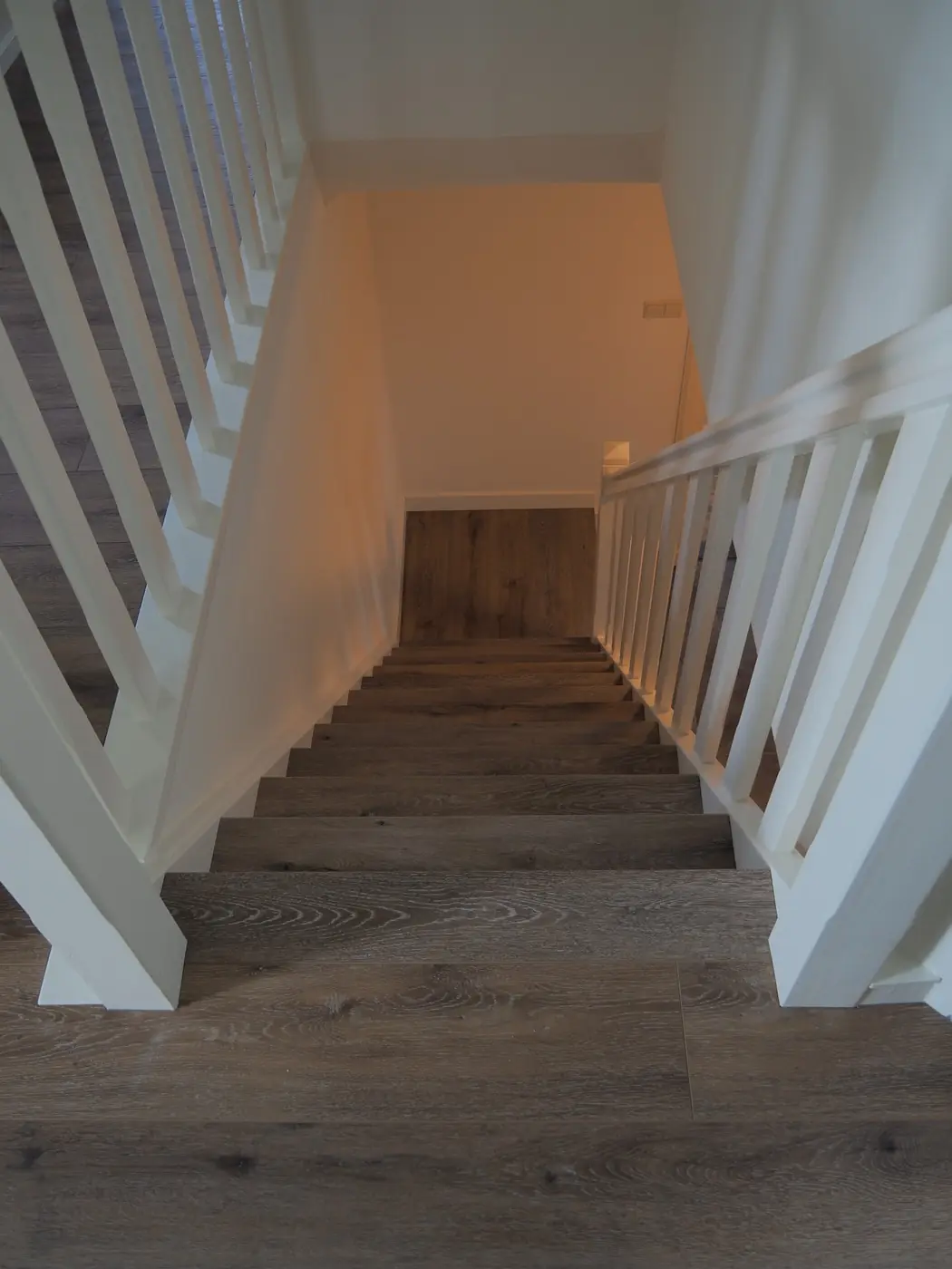 Onderste traptrede in houtlook, met een inbouwspot in het stootbord